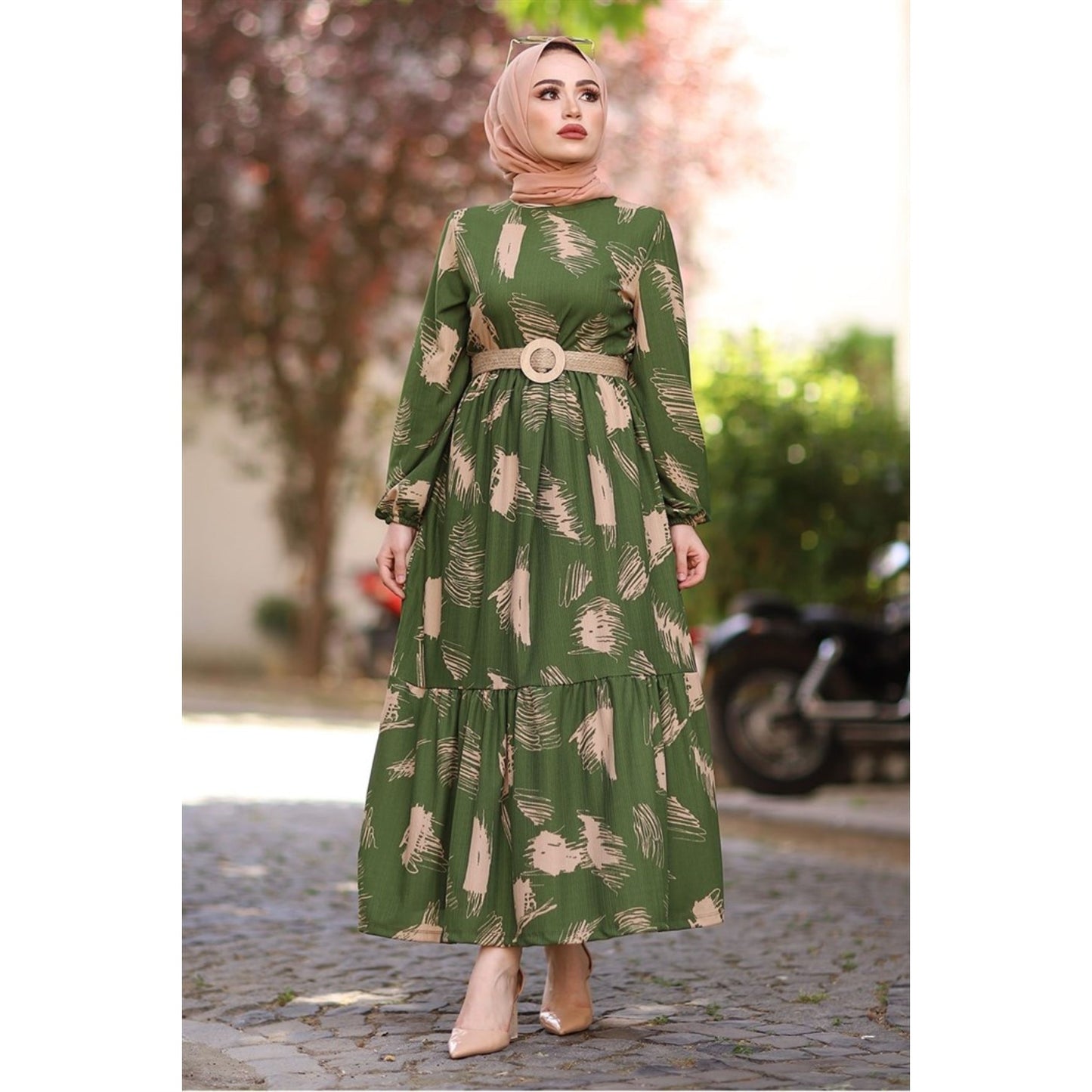 Brush Pattern Belted Dress - Turkey