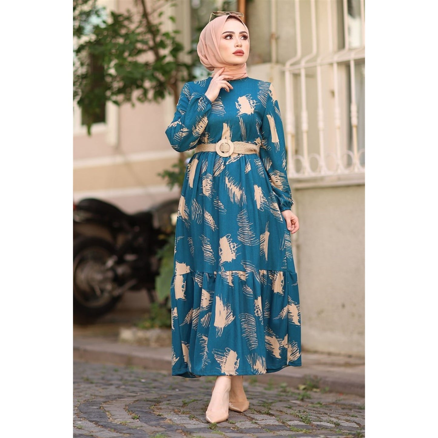 Brush Pattern Belted Dress - Turkey